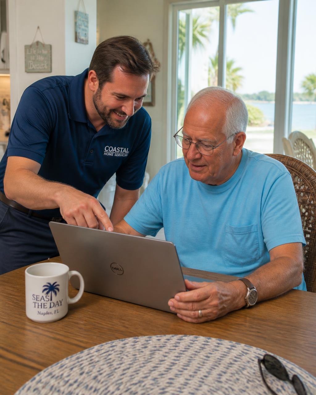 A helper patiently showing an older man how to use his laptop
